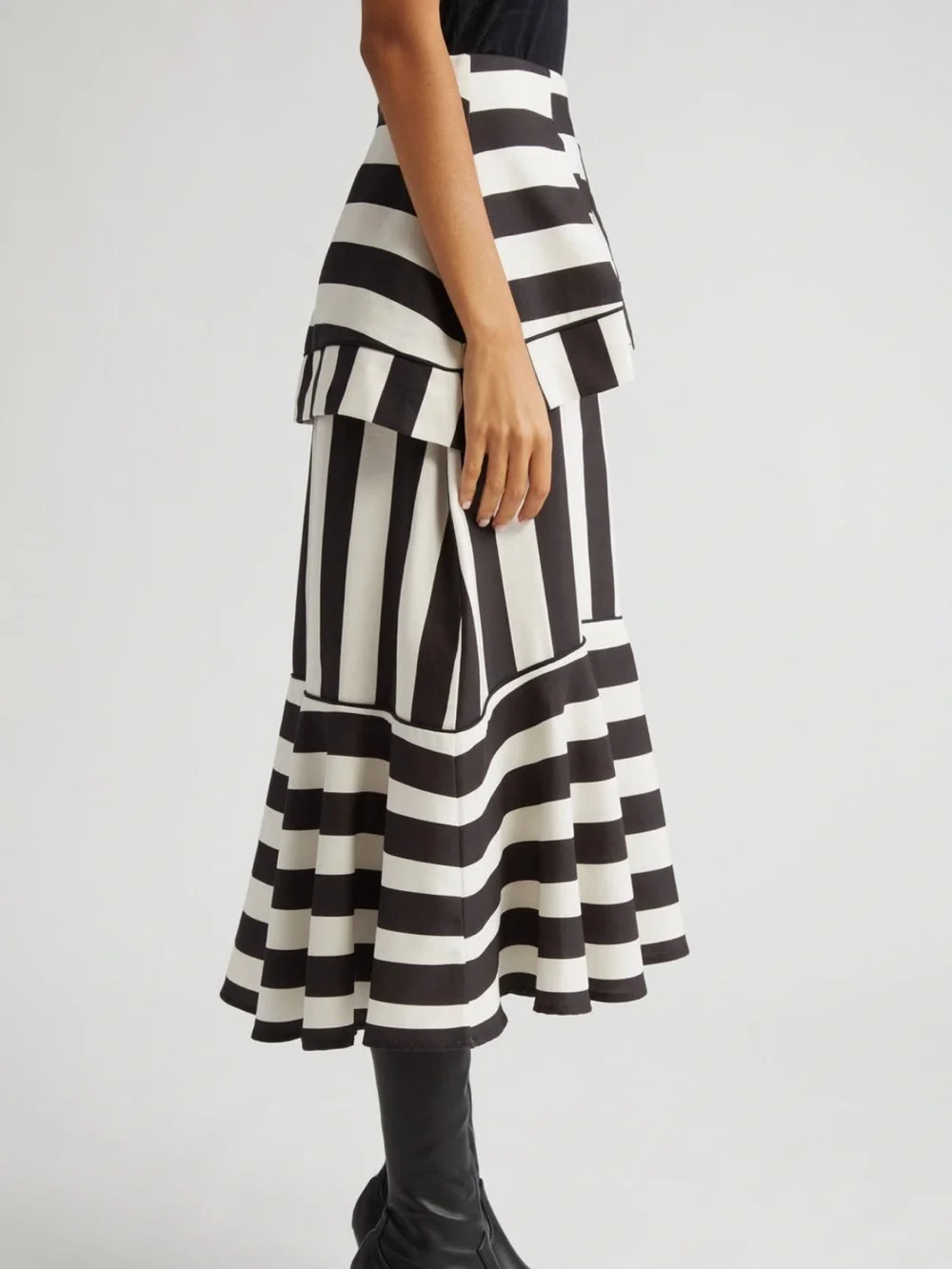 FARM Rio Mixed Stripes A-Line Black and White Ruffled Midi Skirt NWT Size XL